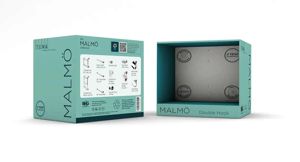 Sage green packaging for a bathroom product shown at different angles on a white background