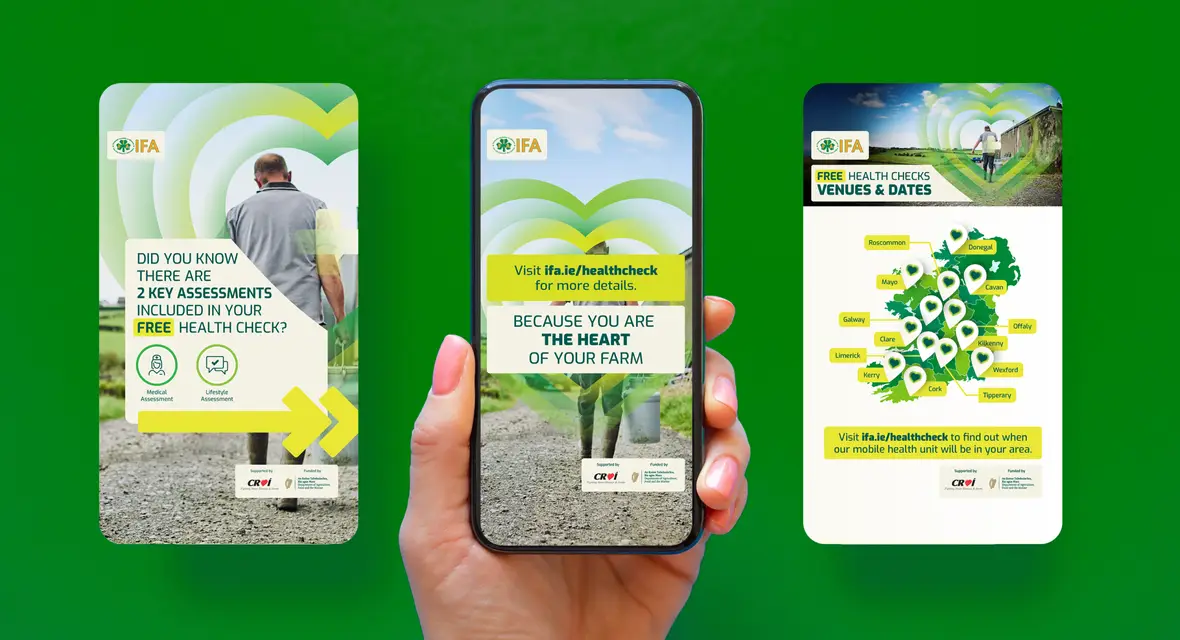 Three shots of a marketing assets shown on a mobile screen, the shots are placed on a green background and a hand holds up the shot in the middle