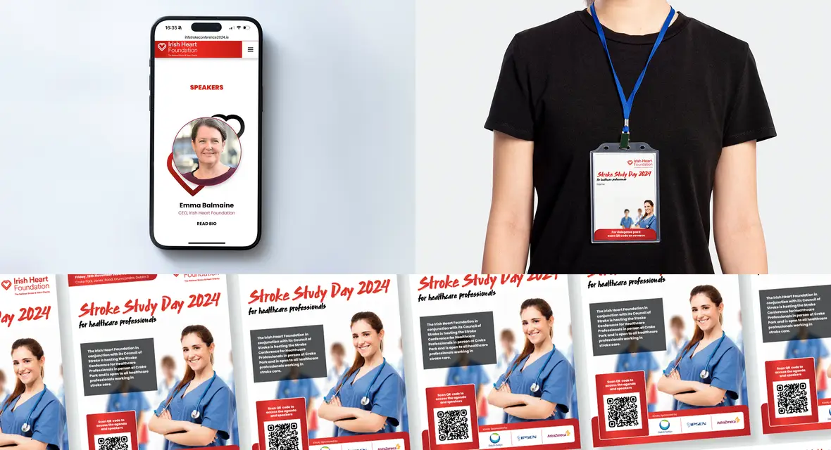 Three shots showing event website, someone wearing an event lanyard and also event leaflets with a qr code