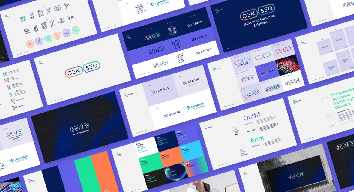 Wide shot displaying pages of Genseq brandbook laid out in diagonal rows on a purple background