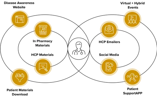 Diagram showing the different touchpoints of a hcps journey through a multichannel campaign and how they overlap and connect.